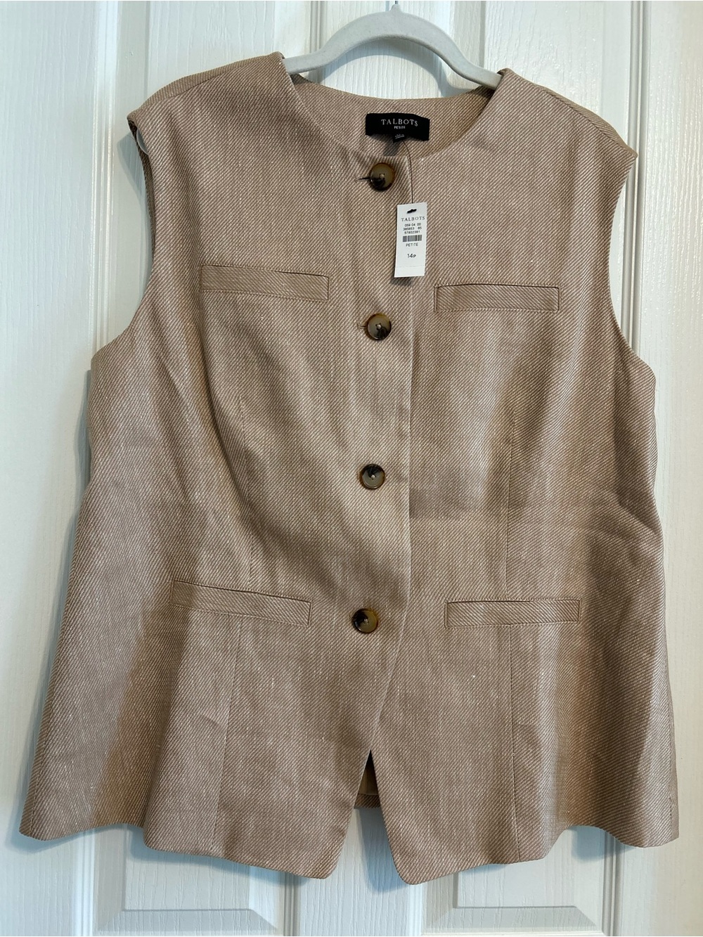Talbots Sleeveless Button-Front Linen Blend Vest in Beige